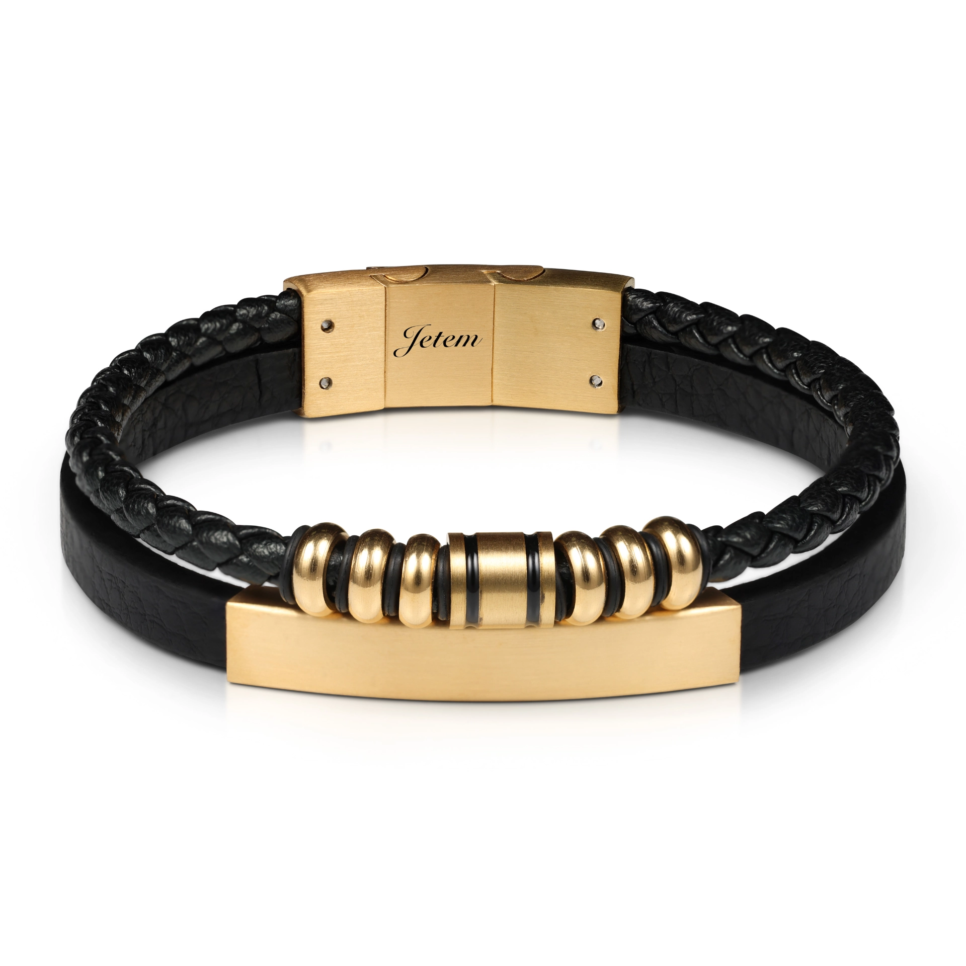bracelet-man124-2.webp צמיד JETEM לגבר עם רצועות עור וחרוזי מתכת בעיצוב יוקרתי – תמונה 1